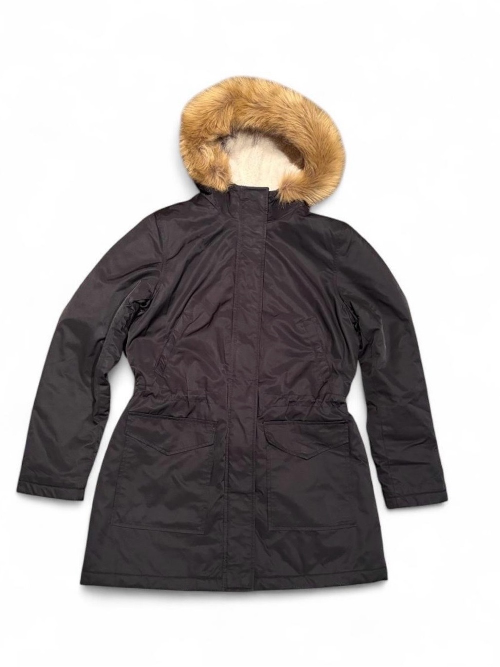 Levi’s Women’s Sz. M  Black Parka w/ Faux Fur Trim Hood & Sherpa Interrior.